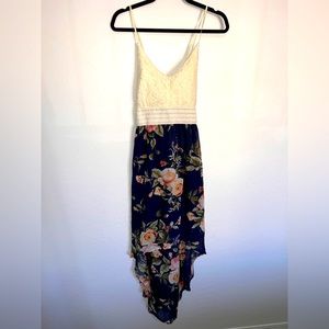 J for justify women’s spaghetti strap cross, back lace top high low dress